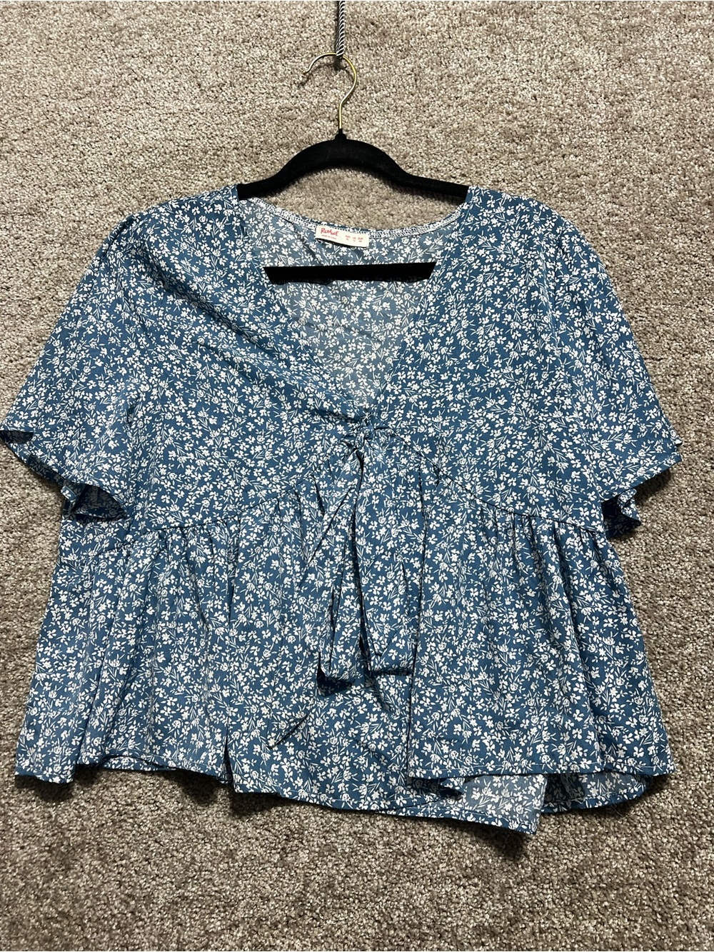 Romwe Woman’s Blue White Floral Flutter Sleeve Tie Front Blouse Top Size XL